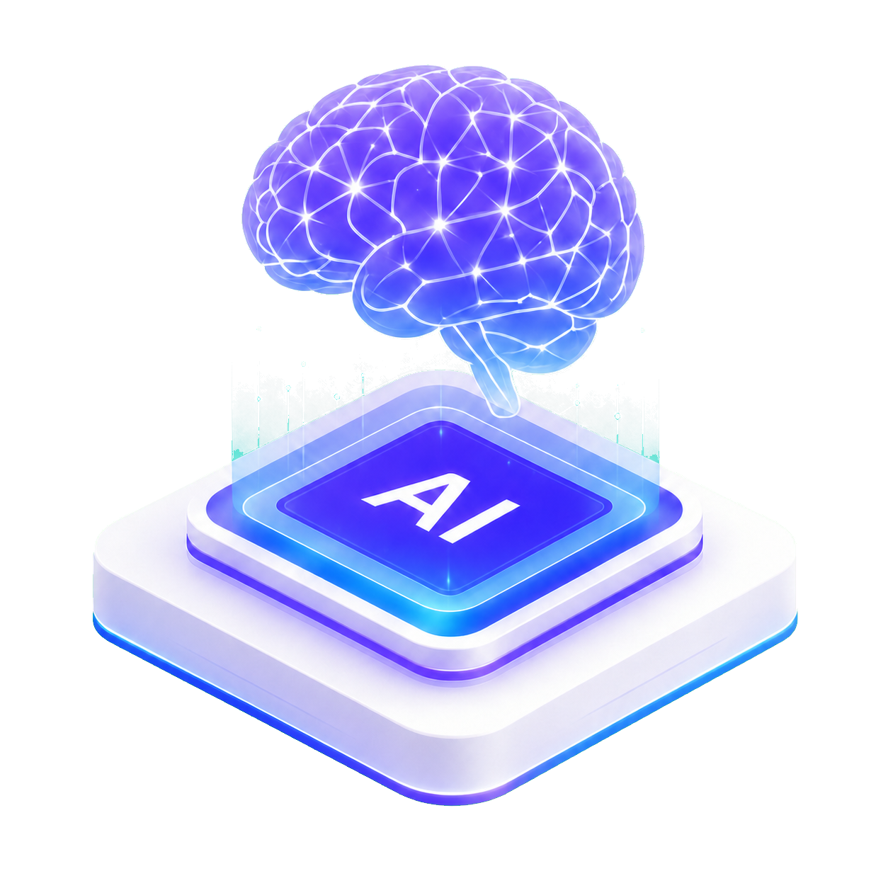 Glowing neural network brain above an AI platform